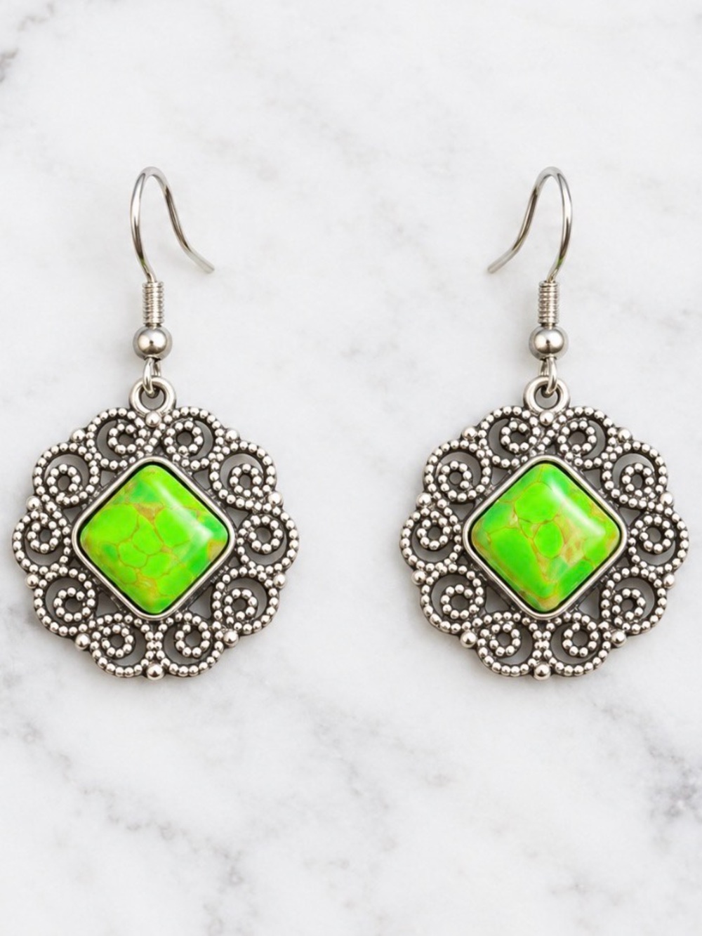 Filigree Green Center Stone Drop Earrings - Silver Tone Hardware